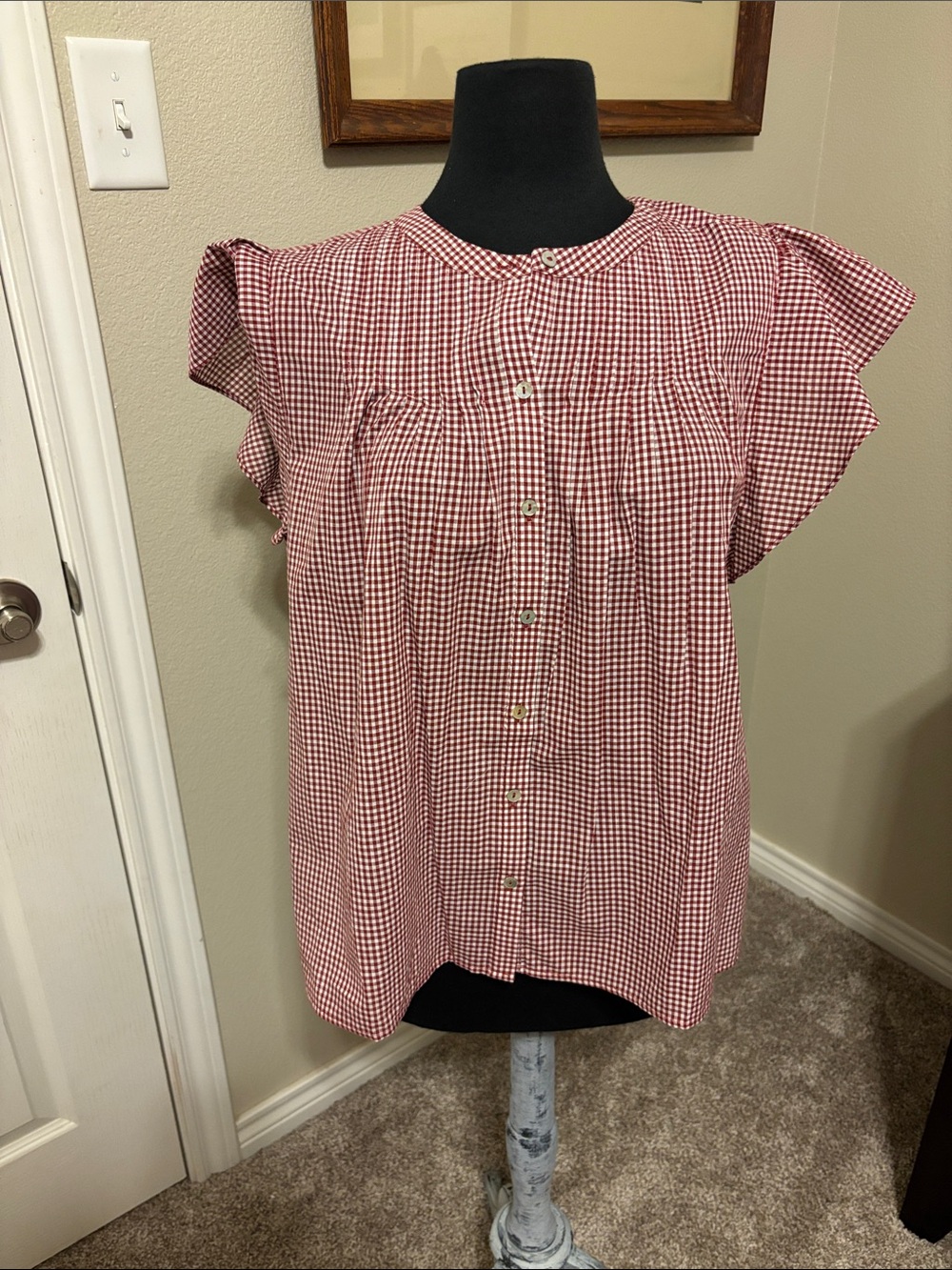 Market & Spruce Red Gingham Button-Front Flutter Sleeve Blouse